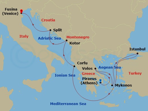 10 Night - A Journey of Ancient Rhythms & Timeless Charm - EXPLORA II - Starting in Piraeus (Athens), Volos, Mykonos, Istanbul, Corfu, Kotor, Split, Fusina (Venice) itinerary map