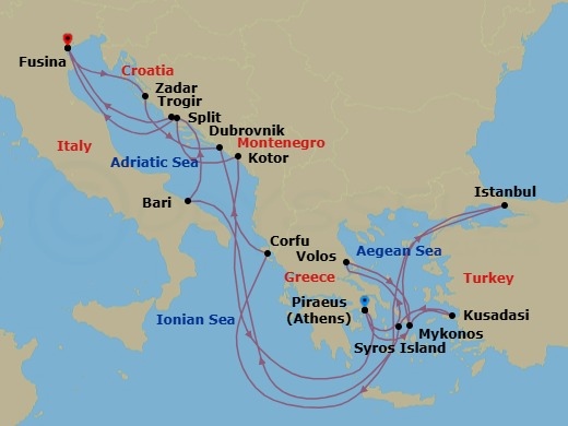 20 Night - An Extended Journey Through Storied Marble Streets & Ancient Echoes - EXPLORA II - Starting in Piraeus (Athens), Volos, Mykonos, Istanbul, Corfu, Kotor, Split, Fusina (Venice), Zadar, Dubrovnik, Croatia, Piraeus (Athens), Kusadasi, Syros (Syra), Bari, Trogir, Fusina (Venice) itinerary map