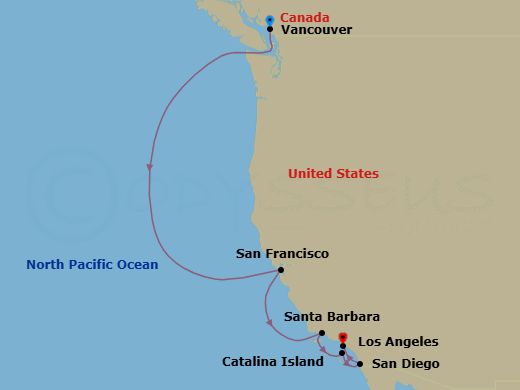 8 Night - Pacific Coastal : Vancouver to La - Brilliant Lady - Starting in Vancouver, British Columbia, Canada, San Francisco, California, Santa Barbara, California, Catalina Island, California, San Diego, California, Los Angeles, California itinerary map