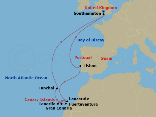 14 Night - Canary Islands Celebration - Queen Anne - Starting in Southampton, England, UK, Lisbon, Portugal, Lanzarote, Spain, Gran Canaria, Spain, Tenerife, Spain, Fuerteventura, Spain, Funchal, Madeira, Portugal, Southampton, England, UK itinerary map