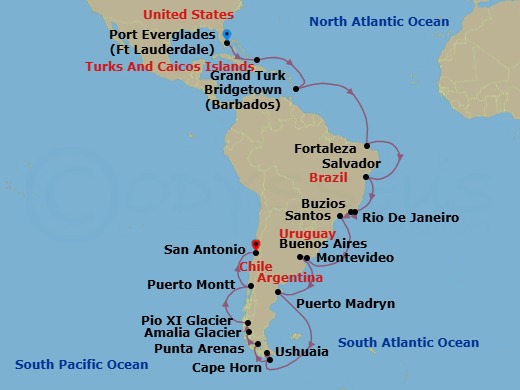 37 Night - Fort Lauderdale to San Antonio - Queen Anne - Starting in Fort Lauderdale, FL, Grand Turk, Turks and Caicos Islands, Bridgetown, Barbados, Fortaleza, Brazil, Salvador, Brazil, Buzios, Brazil, Rio De Janeiro, Brazil, Santos (tours to Sao Paulo), Brazil, Montevideo, Uruguay, Buenos Aires, Argentina, Puerto Madryn, Argentina, Ushuaia, Argentina, Cape Horn, Chile (Sail by), Punta Arenas, Chile, Amalia Glacier, Chile (Scenic Cruising), PIO X Glacier, Chile (Scenic Cruising), Puerto Montt, Chile, San Antonio CL (tours to Santiago), Chile itinerary map