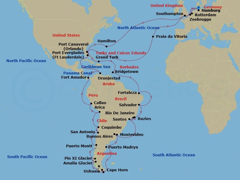 90 Night - South America Discovery - Queen Anne - Starting in Hamburg, Germany, Rotterdam, Netherlands, Zeebrugge (tours to Bruges), Belgium, Southampton, England, UK, Hamilton, Bermuda, Port Canaveral, FL, Fort Lauderdale, FL, Grand Turk, Turks and Caicos Islands, Bridgetown, Barbados, Fortaleza, Brazil, Salvador, Brazil, Buzios, Brazil, Rio De Janeiro, Brazil, Santos (tours to Sao Paulo), Brazil, Montevideo, Uruguay, Buenos Aires, Argentina, Puerto Madryn, Argentina, Ushuaia, Argentina, Cape Horn, Chile (Sail by), Punta Arenas, Chile, Amalia Glacier, Chile (Scenic Cruising), PIO X Glacier, Chile (Scenic Cruising), Puerto Montt, Chile, San Antonio CL (tours to Santiago), Chile, Coquimbo, Chile, Arica, Chile, Callao (tours to Lima), Peru, Fuerte Amador (tours to Panama City), Panama, Transit the Panama Canal, Panama (Full Transit), Oranjestad, Aruba, Fort Lauderdale, FL, Port Canaveral, FL, Praia da Vitoria, Azores, Portugal, Southampton, England, UK, Zeebrugge (tours to Bruges), Belgium, Hamburg, Germany itinerary map