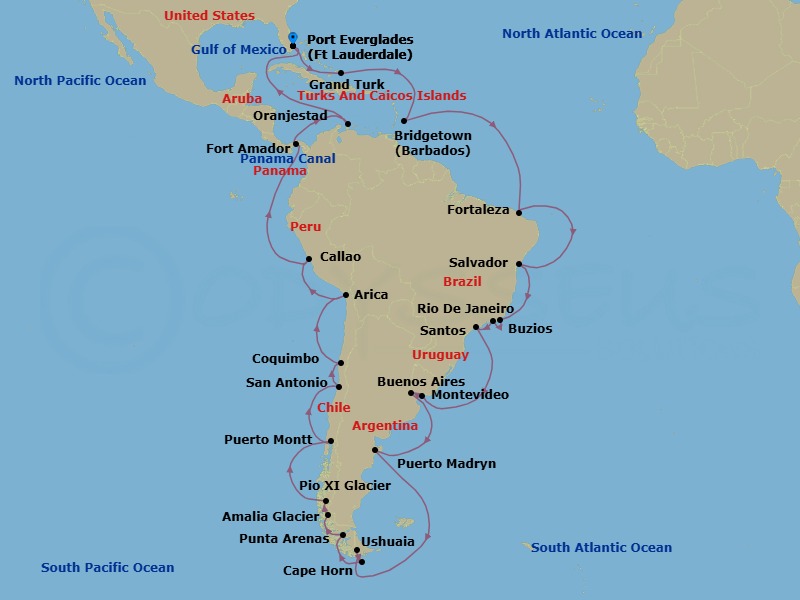 56 Night - South America Discovery Roundtrip Fort Lauderdale - Queen Anne - Starting in Fort Lauderdale, FL, Grand Turk, Turks and Caicos Islands, Bridgetown, Barbados, Fortaleza, Brazil, Salvador, Brazil, Buzios, Brazil, Rio De Janeiro, Brazil, Santos (tours to Sao Paulo), Brazil, Montevideo, Uruguay, Buenos Aires, Argentina, Puerto Madryn, Argentina, Ushuaia, Argentina, Cape Horn, Chile (Sail by), Punta Arenas, Chile, Amalia Glacier, Chile (Scenic Cruising), PIO X Glacier, Chile (Scenic Cruising), Puerto Montt, Chile, San Antonio CL (tours to Santiago), Chile, Coquimbo, Chile, Arica, Chile, Callao (tours to Lima), Peru, Fuerte Amador (tours to Panama City), Panama, Transit the Panama Canal, Panama (Full Transit), Oranjestad, Aruba, Fort Lauderdale, FL itinerary map