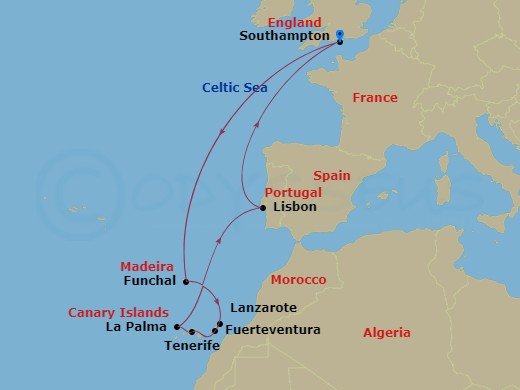 14 Night - Canary Islands Celebration - Queen Anne - Starting in Southampton, England, UK, Funchal, Madeira, Portugal, Lanzarote, Spain, Fuerteventura, Spain, Tenerife, Spain, La Palma, Spain, Lisbon, Portugal, Southampton, England, UK itinerary map