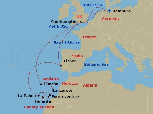 18 Night - Canary Islands Celebration - Queen Anne - Starting in Hamburg, Germany, Southampton, England, UK, Funchal, Madeira, Portugal, Lanzarote, Spain, Fuerteventura, Spain, Tenerife, Spain, La Palma, Spain, Lisbon, Portugal, Southampton, England, UK, Hamburg, Germany itinerary map