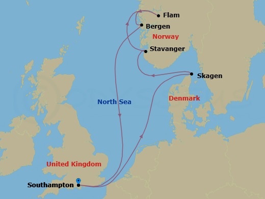 7 Night - Best of Norway - Celebrity Beyond - Starting in Southampton, England, Skagen, Denmark, Stavanger, Norway, Flam, Norway, Bergen, Norway, Southampton, England itinerary map