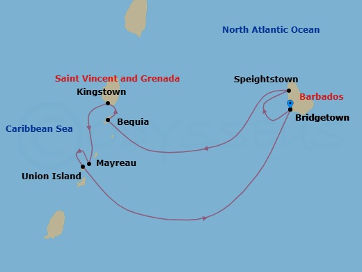 7 Night - Grenadines & Windwards Yachting - Emerald Azzurra - Starting in Bridgetown, Barbados, Speightstown, Barbados, Bequia Island, Saint Vincent and the Grenadines, Kingstown, Saint Vincent and the Grenadines, Mayreau Island / Union Island, Saint Vincent and the Grenadines, Union Island, Saint Vincent and the Grenadines, Union Island / Tobago Cays, Saint Vincent and the Grenadines, Bridgetown, Barbados itinerary map