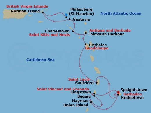 14 Night - Discover Eastern Caribbean & Grenadines - Emerald Azzurra - Starting in Philipsburg, Sint Maarten, Norman Island, British Virgin Islands, Gustavia, Saint Barthelemy, Charlestown, Saint Kitts and Nevis / Cades Bay, Saint Kitts and Nevis, Falmouth Bay (English Harbour), Antigua and Barbuda, Deshaies, Guadeloupe, Soufriere, Saint Lucia, Bridgetown, Barbados, Speightstown, Barbados, Kingstown / Bequia Island, Saint Vincent and the Grenadines, Bequia Island / Mayreau Island, Saint Vincent and the Grenadines, Mayreau Island / Union Island, Saint Vincent and the Grenadines, Union Island, Saint Vincent and the Grenadines, Union Island / Tobago Cays, Saint Vincent and the Grenadines, Bridgetown, Barbados itinerary map
