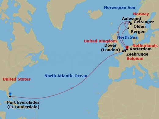 20 Night - Unesco World Heritage Fjords Crossing with England - Rotterdam - Starting in Fort Lauderdale, Florida, Dover UK (London), England, Zeebrugge (Brussels), Belgium, Rotterdam, the Netherlands, Geiranger, Norway, Scenic cruising Hardangerfjord, Olden, Norway, Scenic Cruising Nordfjord, Alesund, Norway, Bergen, Norway, Rotterdam, the Netherlands itinerary map