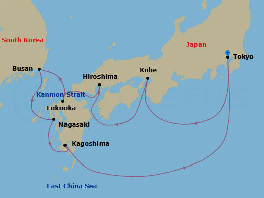 10 Night - Tokyo to Tokyo - Silver Moon - Starting in Tokyo, Kobe, Hiroshima, Fukuoka (Kyushu Island), Busan, Nagasaki, Kagoshima (Kyushu Island), Tokyo itinerary map