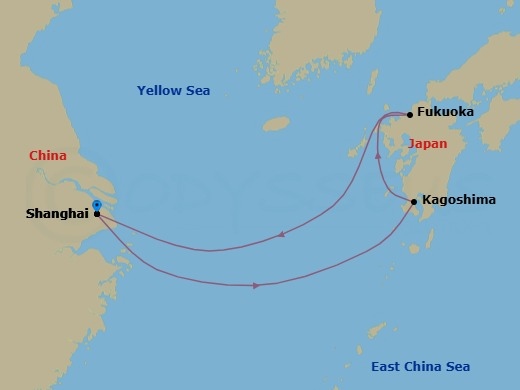 5 Night - Far East - MSC Bellissima - Starting in Shanghai, China, Kagoshima, Japan, Fukuoka (Hakata), Japan, Shanghai, China itinerary map