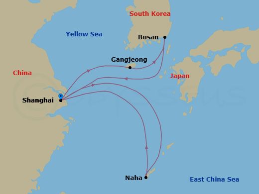 8 Night - Far East - MSC Bellissima - Starting in Shanghai, China, Naha (Okinawa), Japan, Shanghai, China, Gangjeong / Jeju Island, South Korea, Busan, South Korea, Shanghai, China itinerary map