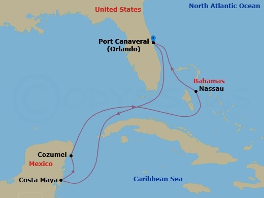 7 Night - Western Caribbean - Harmony of the Seas - Starting in Orlando (Port Canaveral), Fl, Puerto Costa Maya, Mexico, Cozumel, Mexico, Nassau, Bahamas, Orlando (Port Canaveral), Fl itinerary map