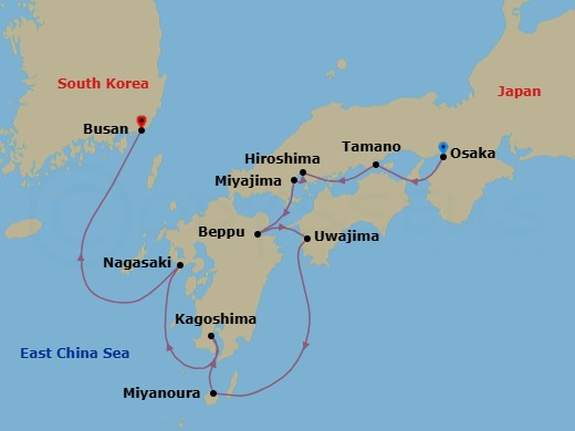 8 Night - The Best of Japan - Le Soleal - Starting in Osaka, Tamano, Hiroshima, Miyajima Island, Beppu, Oita, Uwajima, Miyanoura, Yakushima, Kagoshima, Nagasaki, Busan itinerary map