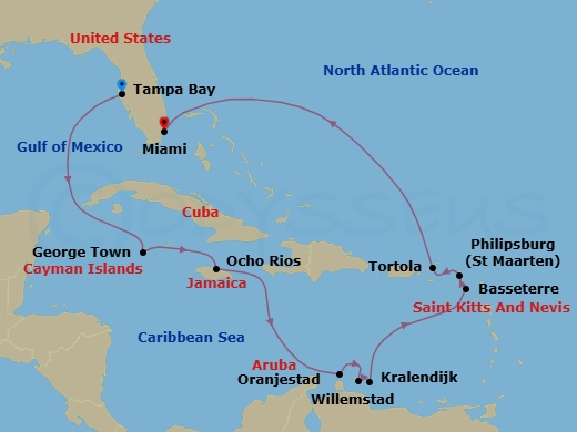 14 Night - Caribbean Celebration - Seven Seas Mariner - Starting in Tampa Bay, Cruising the Gulf, George Town, Ocho Rios, Jamaica, Cruising the Caribbean Sea, Oranjestad, Willemstad AN, Bonaire (Kralendijk), Cruising the Caribbean Sea, Basseterre, Philipsburg, Tortola, Cruising the Atlantic Ocean, Miami itinerary map