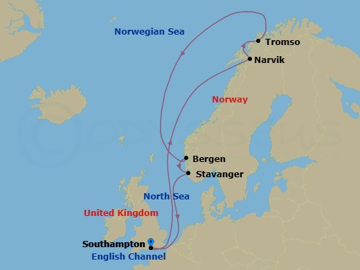 12 Night - Norway and Northern Lights - Queen Elizabeth - Starting in Southampton, England, UK, Narvik, Norway, Tromso, Norway, Bergen, Norway, Stavanger, Norway, Southampton, England, UK itinerary map