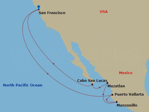 10 Night - Mexican Riviera Princess Players Invitational - Ruby Princess - Starting in San Francisco, California, Puerto Vallarta, Mexico, Manzanillo, Mexico, Mazatlan, Mexico, Cabo San Lucas, Mexico, San Francisco, California itinerary map