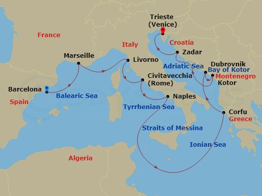 11 Night - Around Italy's Boot : Italy, Dalmatia & Venice - Oosterdam - Starting in Barcelona, Spain, Marseille (Provence), France, Livorno (Florence / Pisa), Italy, Civitavecchia (Rome), Italy, Naples (Pompeii / Amalfi), Italy, Cruising Strait of Messina, Kerkira, (Corfu), Greece, Dubrovnik, Croatia, Kotor, Montenegro, Scenic cruising Bay of Kotor, Zadar, Croatia, Trieste (Venice), Italy itinerary map