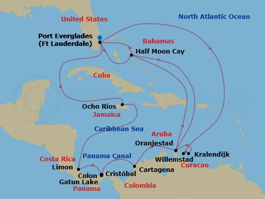21 Night - Southern Caribbean & Panama Canal : Abc Islands - Oosterdam - Starting in Fort Lauderdale, Florida, Willemstad AN, Curacao, Kralendijk, Bonaire, Oranjestad, Aruba, RelaxAway, Half Moon Cay, Bahamas, Fort Lauderdale, Florida, RelaxAway, Half Moon Cay, Bahamas, Oranjestad, Aruba, Cartagena CO, Enter Panama Canal Cristobal, Cruising Panama Canal and Gatun Lake, Gatun Lake, Panama, Cruising Gatun Lake and Panama Canal, Exit Panama Canal Cristobal, Colon, Panama, Puerto Limon (San Jose), Costa Rica, Ocho Rios, Jamaica, Fort Lauderdale, Florida itinerary map