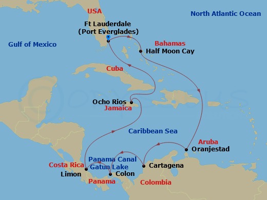 12 Night - Panama Canal Discovery : Costa Rica & Greater Antilles - Oosterdam - Starting in Fort Lauderdale, Florida, RelaxAway, Half Moon Cay, Bahamas, Oranjestad, Aruba, Cartagena CO, Enter Panama Canal Cristobal, Cruising Panama Canal and Gatun Lake, Gatun Lake, Panama, Cruising Gatun Lake and Panama Canal, Exit Panama Canal Cristobal, Colon, Panama, Puerto Limon (San Jose), Costa Rica, Ocho Rios, Jamaica, Fort Lauderdale, Florida itinerary map