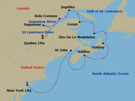 11 Night - North America & Canada - Crystal Serenity - Starting in New York, Saint John NB, Halifax, Sydney NS, Nova Scotia, Magdalen Islands, Gaspe, Quebec, Sept-Iles, Baie-Comeau, Saguenay, Quebec, Quebec City itinerary map