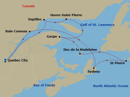 10 Night - North America & Canada - Crystal Serenity - Starting in Quebec City, Sept-Iles, Havre St Pierre, Quebec, Gaspe, Quebec, Magdalen Islands, St Pierre, Sydney NS, Nova Scotia, Baie-Comeau, Quebec City itinerary map