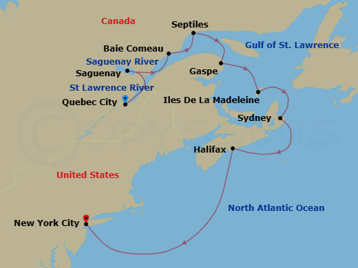 11 Night - North America & Canada - Crystal Serenity - Starting in Quebec City, Saguenay, Quebec, Baie-Comeau, Sept-Iles, Gaspe, Quebec, Magdalen Islands, Sydney NS, Nova Scotia, Halifax, New York itinerary map