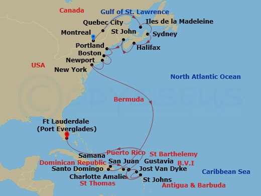 26 Night - The Americas & Caribbean - Crystal Symphony - Starting in Montreal, Quebec City, Magdalen Islands, Sydney NS, Nova Scotia, Halifax, Saint John NB, Portland ME, Boston, Newport, Rhode Island, New York, Royal Naval Dockyard, Santo Domingo, Samana, San Juan, Jost Van Dyke, British Virgin Islands, St Johns, Gustavia, St Barthelemy, St Thomas, Fort Lauderdale itinerary map