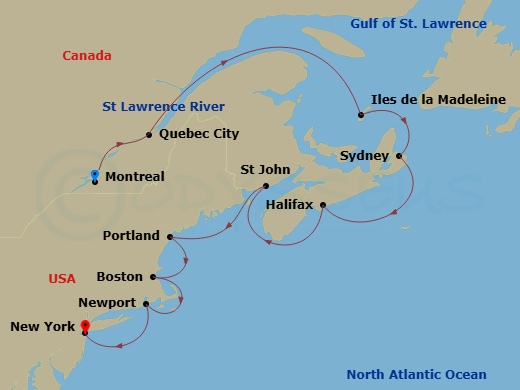 10 Night - North America & Canada - Crystal Symphony - Starting in Montreal, Quebec City, Magdalen Islands, Sydney NS, Nova Scotia, Halifax, Saint John NB, Portland ME, Boston, Newport, Rhode Island, New York itinerary map