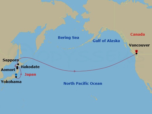 15 Night - Tokyo to Vancouver Transpacific - Celebrity Millennium - Starting in Tokyo (Yokohama), Japan, Aomori, Japan, Hakodate, Japan, Sapporo (Muroran), Japan, International Dateline, Vancouver, British Columbia itinerary map