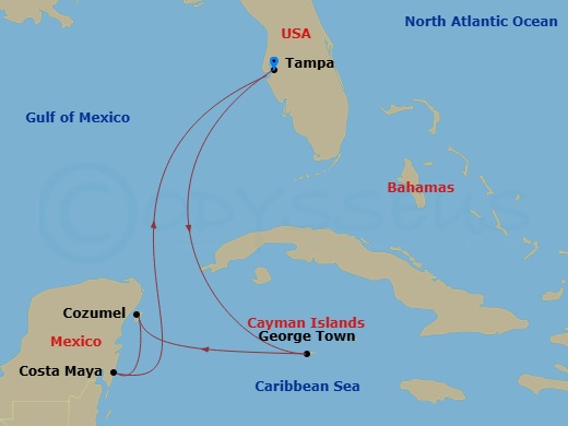 7 Night - Grand Cayman & Mexico Cruise - Celebrity Constellation - Starting in Tampa, Florida, George Town, Grand Cayman, Cozumel, Mexico, Puerto Costa Maya, Mexico, Tampa, Florida itinerary map