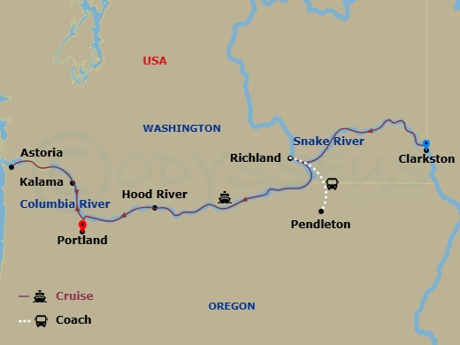8 Night - Columbia & Snake Rivers Cruise - American Rhapsody - Starting in Clarkston, WA, Cruising the Snake River, Pendleton, OR / Richland, WA, Cruising the Columbia River, Hood River, OR, Kalama, WA, Astoria, Or, Day of Cruising, Portland-OR itinerary map