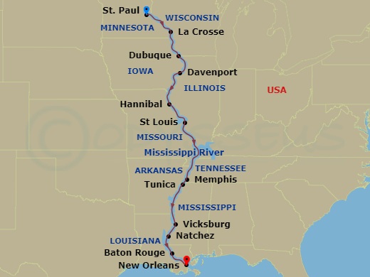 15 Night - Grand Heartland Cruise - American Beauty - Starting in St Paul, MN, Day of River Cruising, La Crosse, WI, Day of Cruising, Dubuque, IA, Davenport, IA, Day of River Cruising, Hannibal, MO, St Louis, MO, Day of River Cruising, Memphis, TN, Tunica, MS, Vicksburg, MS, Natchez, MS, Baton Rouge, LA, New Orleans, La itinerary map