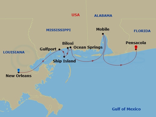 7 Night - Gulf Coast Cruise - American Beauty - Starting in New Orleans, La, Day of Cruising, Gulfport / Ship Island, MS, Biloxi, MS, Ocean Springs, MS, Mobile, Al, Pensacola, FL itinerary map