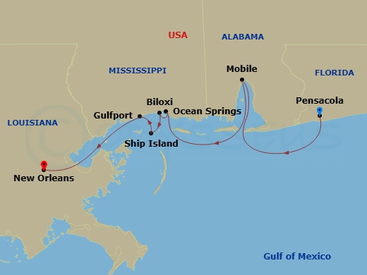 7 Night - Gulf Coast Cruise - American Beauty - Starting in Pensacola, FL, Day of Cruising, Mobile, Al, Biloxi, MS, Ocean Springs, MS, Gulfport / Ship Island, MS, New Orleans, La itinerary map
