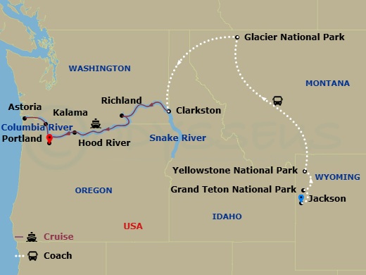 14 Night - National Parks & Legendary Rivers - American Beauty Tours - Starting in Jackson, WY, Grand Teton and Yellowstone National Parks, Yellowstone National Park, Travel toward Glacier National Park, Glacier National Park, Travel to Clarkston, Begin Your Columbia River and Snake Rivers Cruise / Clarkston, WA, Richland, WA, Cruising the Columbia River Gorge, Hood River, OR, Kalama, WA, Astoria, Or, Day of Cruising, Portland-OR itinerary map