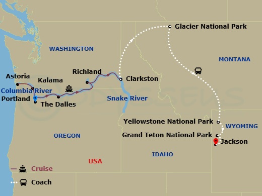 15 Night - National Parks & Legendary Rivers - American Beauty Tours - Starting in Portland-OR, Cruising the Columbia River, Astoria, Or, Kalama, WA, The Dalles, OR, Cruising the Columbia River Gorge, Richland, WA, Clarkston, WA, Clarkston, WA to National Parks Adventure Begins, Glacier National Park, Travel Toward Yellowstone National Park, Yellowstone National Park, Yellowstone / Grand Teton National Park, Grand Teton National Park, Jackson, WY itinerary map
