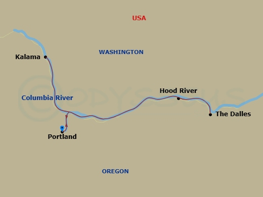 6 Night - Columbia River Gorge Cruise - American Beauty - Starting in Portland-OR, Cruising the Columbia River, Hood River, OR, The Dalles, OR, Day of Cruising the Columbia River Gorge, Kalama, WA, Portland-OR itinerary map