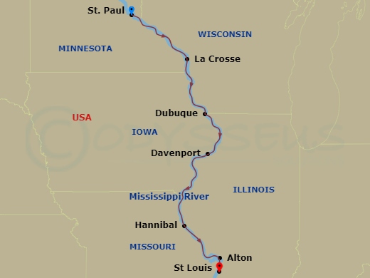 8 Night - Upper Mississippi River Cruise - American Beauty - Starting in St Paul, MN, Day of River Cruising, La Crosse, WI, Day of River Cruising, Dubuque, IA, Davenport, IA, Hannibal, MO, Alton, IL / St Louis, MO itinerary map