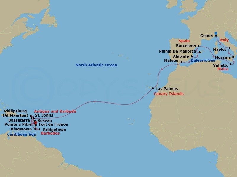 27 Night - Msc Grand Voyages - MSC World Asia - Starting in Genoa (Portofino), Italy, Naples (Pompeii), Italy, Messina (Taormina), Italy, La Valletta, Malta, Barcelona, Spain, Palma De Mallorca (Baleari Is), Spain, Alicante, Spain, Malaga (Granada), Spain, Las Palmas de Gran Canaria (Canary Islands), Spain, St Johns AG, Antigua, Kingstown, St Vincent and the Grenadines, Bridgetown, Barbados, Fort-de-France, Martinique, Pointe-A-Pitre, Guadeloupe, St Johns AG, Antigua, Philipsburg, St Maarten, Basseterre, St Kitts and Nevis, Roseau, Dominica, Fort-de-France, Martinique itinerary map