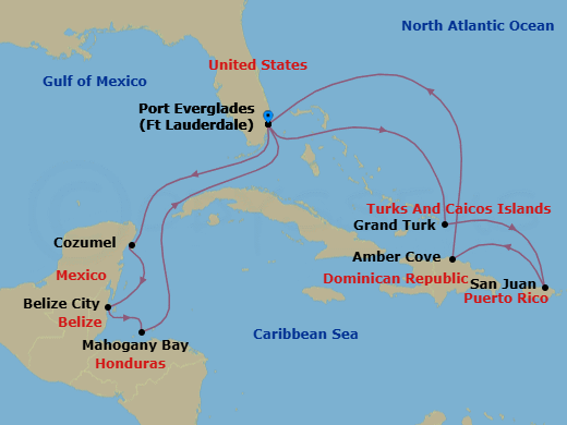 14 Night - Eastern / Western Caribbean Adventurer - Sun Princess - Starting in Fort Lauderdale, Florida, Cozumel, Mexico, Belize City, Belize, Roatan (Isla Tropicale), Honduras, Fort Lauderdale, Florida, Grand Turk, Turks and Caicos, San Juan, Puerto Rico, Amber Cove, Dominican Republic, Fort Lauderdale, Florida itinerary map