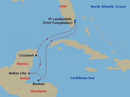 7 Night - Western Caribbean with Mexico - Sun Princess - Starting in Fort Lauderdale, Florida, Cozumel, Mexico, Belize City, Belize, Roatan (Isla Tropicale), Honduras, Fort Lauderdale, Florida itinerary map