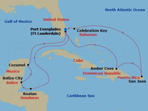 14 Night - Eastern / Western Caribbean Adventurer with Celebration Key - Sun Princess - Starting in Fort Lauderdale, Florida, Celebration Key, Bahamas, San Juan, Puerto Rico, Amber Cove, Dominican Republic, Fort Lauderdale, Florida, Cozumel, Mexico, Belize City, Belize, Roatan (Isla Tropicale), Honduras, Fort Lauderdale, Florida itinerary map