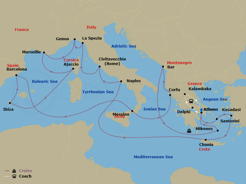 24 Night - Best of Greece - Tour 5C - Sun Princess Tours - Starting in Athens (Piraeus), Greece, Delphi, Greece, Kalambaka, Greece, Athens (Piraeus), Greece, Santorini, Greece, Montenegro, Corfu, Greece, Sicily (Messina), Italy, Barcelona, Spain, Ibiza, Spain, Corsica (Ajaccio), France, Marseille (Provence), France, Genoa (for Cinque Terre), Italy, La Spezia (for Florence / Pisa), Italy, Civitavecchia (for Rome), Italy, Naples, Italy (for Capri and Pompeii), Crete (Chania), Greece, Kusadasi, Turkey (for Ephesus), Mykonos, Greece, Athens (Piraeus), Greece itinerary map