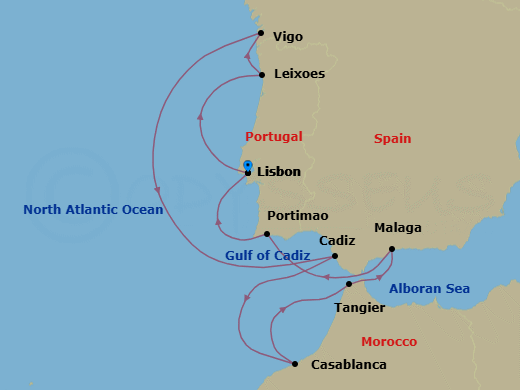 10 Night - Lisbon to Lisbon - Silver Ray - Starting in Lisbon, Porto (Leixoes), Vigo (Galicia), Cadiz, Casablanca, Tangier, Malaga (Costa del Sol), Portimao, Lisbon itinerary map
