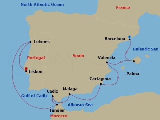10 Night - Barcelona to Lisbon - Silver Ray - Starting in Barcelona, Palma De Mallorca, Valencia, Cartagena ES, Spain, Malaga (Costa del Sol), Cadiz, Tangier, Porto (Leixoes), Lisbon itinerary map