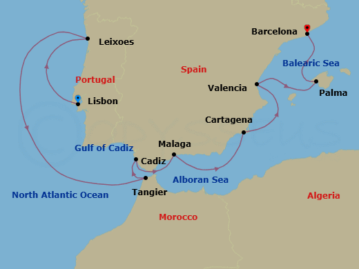 10 Night - Lisbon to Barcelona - Silver Ray - Starting in Lisbon, Porto (Leixoes), Tangier, Cadiz, Malaga (Costa del Sol), Cartagena ES, Spain, Valencia, Palma De Mallorca, Barcelona itinerary map