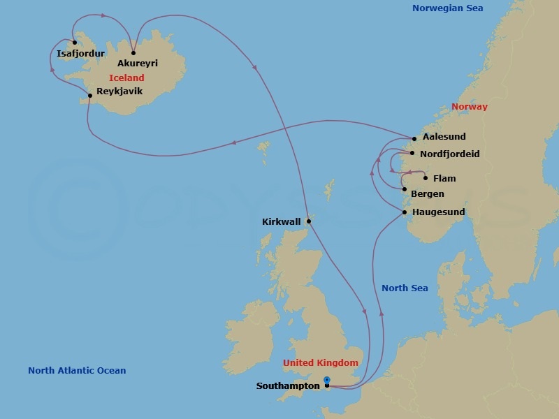 14 Night - Iceland & Norway - Celebrity Beyond - Starting in Southampton, England, Haugesund, Norway, Nordfjordeid, Norway, Flam, Norway, Bergen, Norway, Alesund, Norway, Reykjavik, Iceland, Isafjordur, Iceland, Akureyri, Iceland, Kirkwall, Scotland, Southampton, England itinerary map