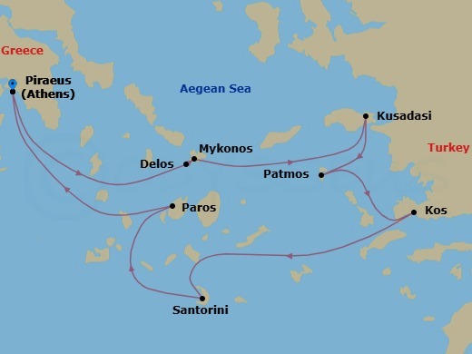 7 Night - Greek Islands & Turkish Coastlines - Emerald Azzurra - Starting in Athens (Piraeus), Greece, Delos, Greece / Mykonos, Greece, Kusadasi, Turkey, Patmos (Skala Harbor), Greece, Kos, Greece, Santorini, Greece, Paros, Greece, Athens (Piraeus), Greece itinerary map