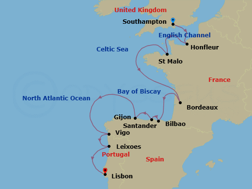 13 Night - Southampton to Lisbon - Silver Dawn - Starting in Southampton, Honfleur, Saint Malo (Brittany), Bordeaux, Bilbao, Santander, Gijon, Spain, Vigo (Galicia), Porto (Leixoes), Lisbon itinerary map